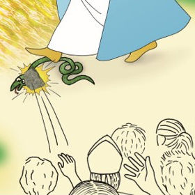 Vierge Marie écrasant le serpent et foule lance une pierre